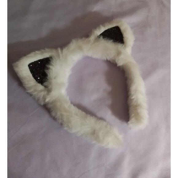 Faux Fur Cat Ears Headband Adjustable Fit White With Black Shimmer Accents - Picture 2 of 4